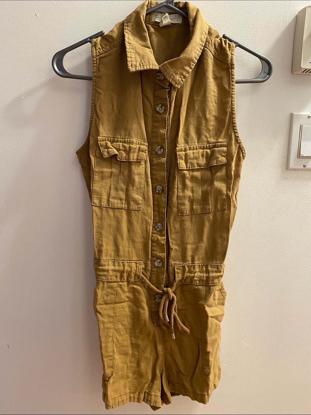 Sleeveless Utility Romper in Mustard with Button Front